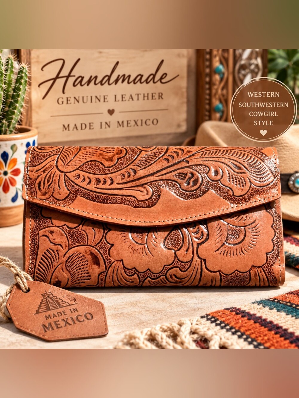 Handmade Mexico Tooled Genuine Leather Floral Western NWOT Cowgirl Wallet